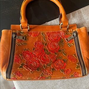 Orange Floral Embossed Leather Tote Bag